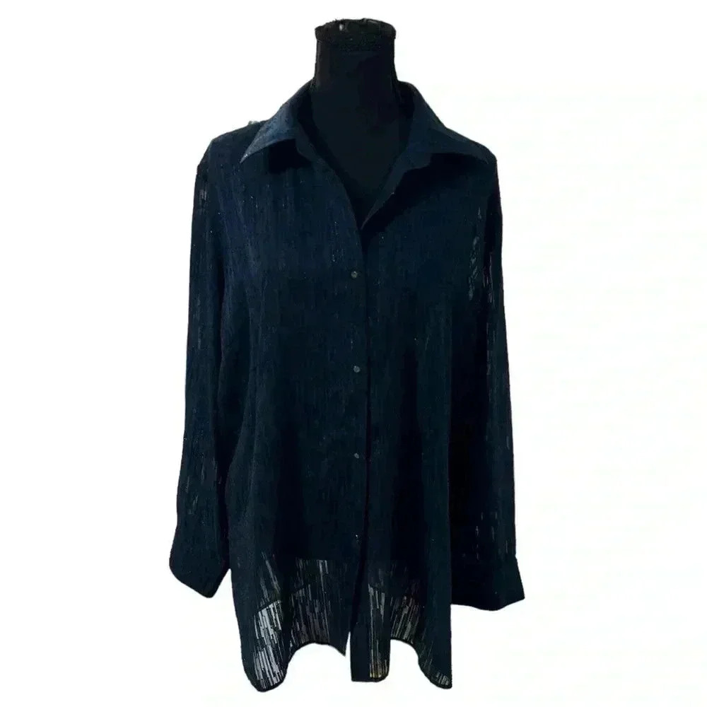 Misook Sheer Metallic Threaded Button Up Blouse Xl - image 8